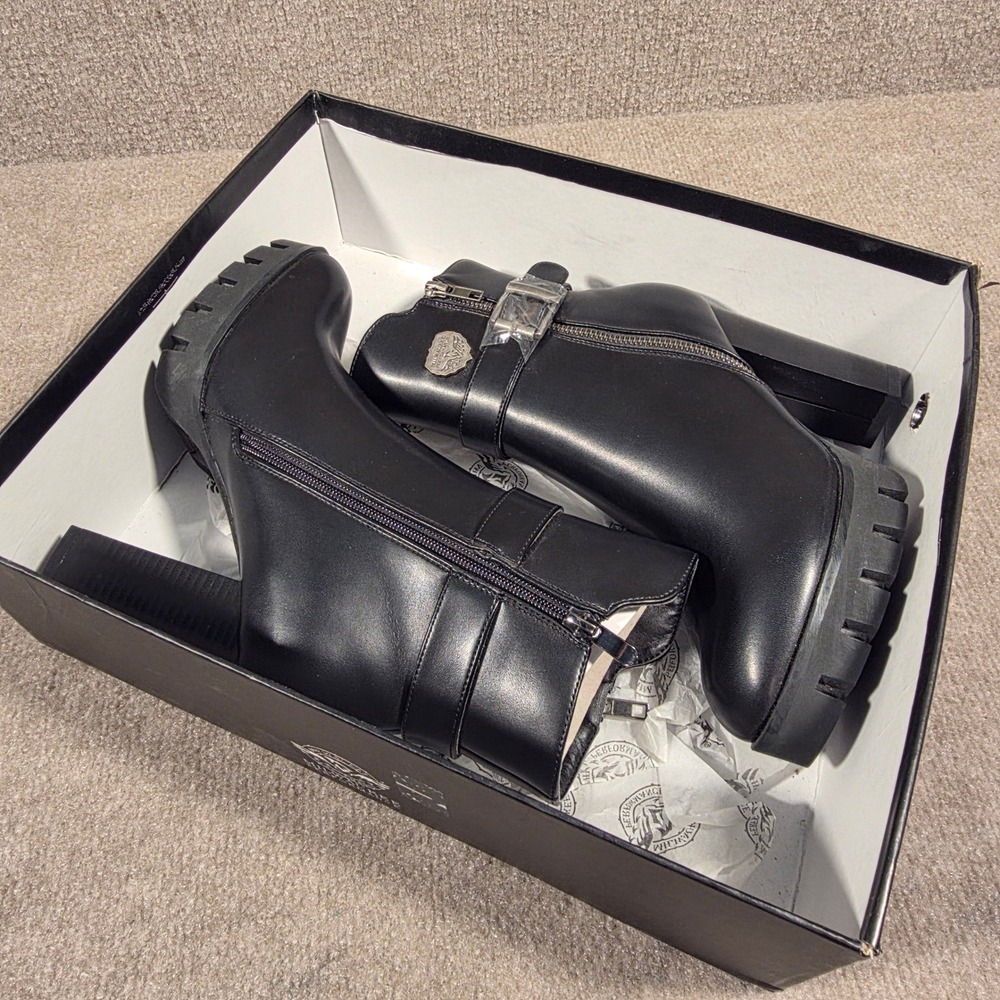 Milwaukee Performance Womens Black Leather Heeled Platform Biker Boots Size 6 - Picture 3 of 7